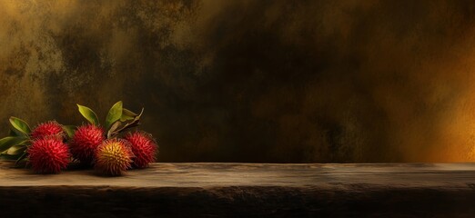 Poster - Rambutan fruits on wooden table, vibrant colors, textured background, natural setting, copy space for text