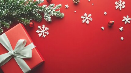 Photo of a white gift box with a silver ribbon on a red background, next to it is an elegant snowflake decoration and evergreen branches. The composition creates a festive atmosphere for Christmas.