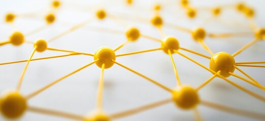Poster - Network of yellow nodes and connections, abstract representation of data or technology, showcasing interconnectedness and structure., copy space for text