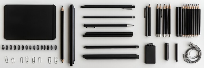 Poster - Black office supplies like pens, pencils, clips, and a notebook are neatly arranged on a clean white surface for a minimalist look. Generative AI