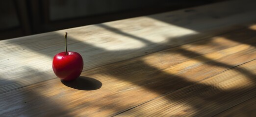 Poster - Red apple on wooden table with shadows, copy space for text
