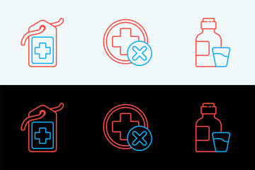 Poster - Set line Bottle of medicine syrup, Cross hospital medical tag and icon. Vector