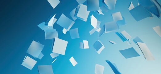 Poster - Floating blue papers in air, dynamic motion, abstract background, light blue gradient, copy space for text