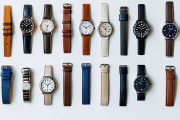 Aufkleber - Numerous wristwatches displayed in multiple styles and colors on a white surface, allowing for creative text placement and design. Generative AI