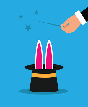 Magician with Magic Wand Getting a Rabbit from a Hat. Circus show or birthday party event concept vector art