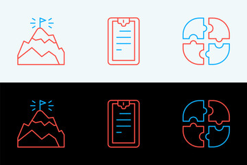 Poster - Set line Piece of puzzle, Mountains with flag and Clipboard checklist icon. Vector