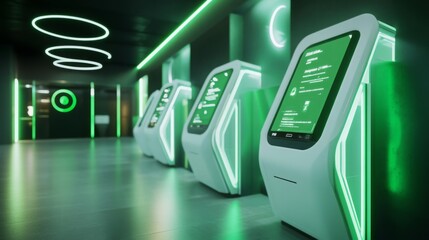 Aufkleber - In a sleek, contemporary hallway, interactive kiosks featuring vibrant green displays provide insights on ai-driven sustainable finance.