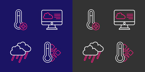 Poster - Set line Meteorology thermometer, Cloud with rain, Weather forecast and icon. Vector