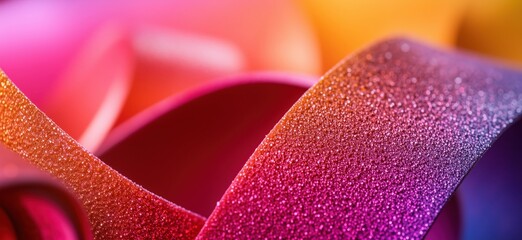 Poster - Colorful abstract ribbons with droplets, vibrant hues of pink, purple, orange, smooth curves, artistic composition, macro photography, copy space for text