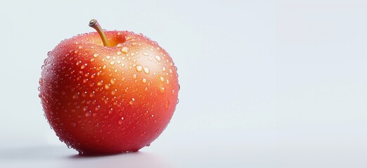Poster - Fresh red apple with water droplets, vibrant color, smooth surface, light background, copy space for text