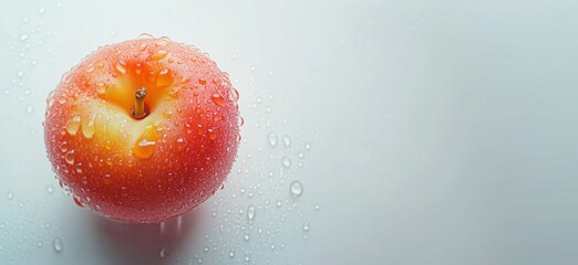 Poster - Fresh red apple with water droplets, vibrant color, smooth surface, isolated on light background, copy space for text