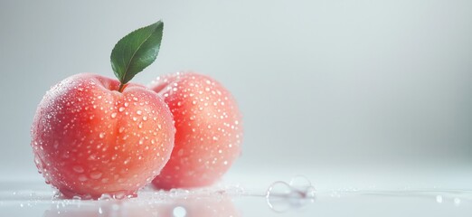Poster - Fresh apples with droplets, vibrant red color, green leaf, water droplets, soft background, copy space for text