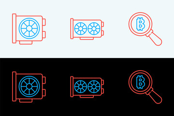 Poster - Set line Magnifying glass with Bitcoin, Video graphic card and icon. Vector