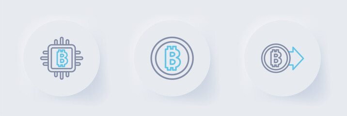 Poster - set line bitcoin, and cpu mining farm icon. vector