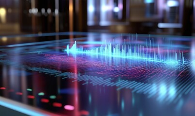 Poster - Digital sound wave visualization, vibrant colors, modern technology, abstract design, futuristic interface