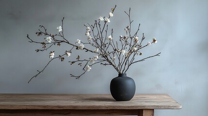 Canvas Print - White blossoms in dark vase on rustic wood table.