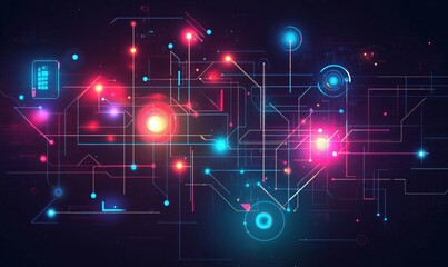 Poster - Abstract digital circuit design with vibrant colors and glowing elements, intricate lines and nodes, futuristic technology concept