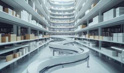 Poster - Modern warehouse interior with curved conveyor system, shelves filled with boxes, bright lighting, organized storage space