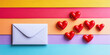 © Taras Vykhopen - Flat lay of an envelope with red hearts on a colorful striped background for love messages