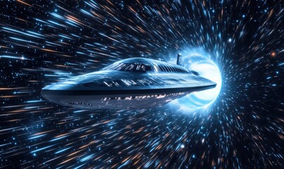 Poster - Spaceship traveling through wormhole, futuristic design, vibrant light streaks, cosmic background
