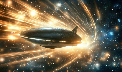 Poster - Spaceship traveling through cosmic energy, vibrant stars and light trails, futuristic design, deep space exploration