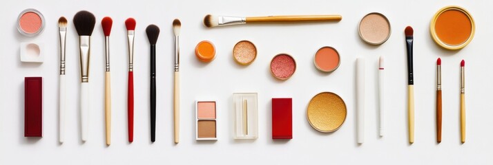 Poster - Various makeup tools are arranged neatly on a white surface, showcasing brushes, eyeshadows, lipsticks, and powders, perfect for beauty enthusiasts. Generative AI