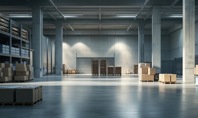 Poster - Spacious warehouse interior with organized storage, bright lighting, and pallets of boxes. Large open space, concrete walls, shelves filled with goods.