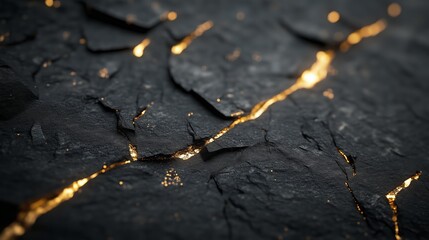 Poster - abstract black texture with golden cracks highlighting the intricate patterns of natural formations 