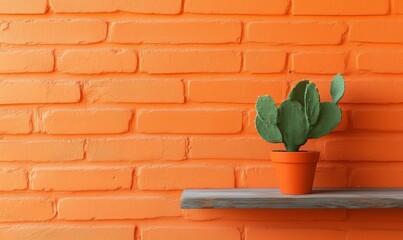 Poster - Cactus on shelf against orange brick wall, vibrant decor, modern design, minimalistic style