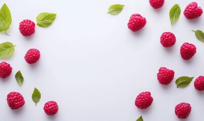 Poster - Raspberries and leaves arrangement, vibrant red raspberries scattered on white background, fresh and healthy fruit, natural decor