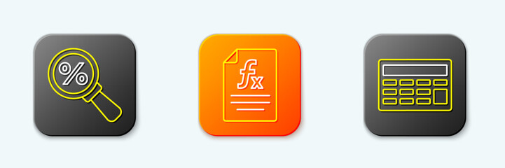 Poster - set line magnifying glass with percent, function mathematical symbol and calculator icon. vector