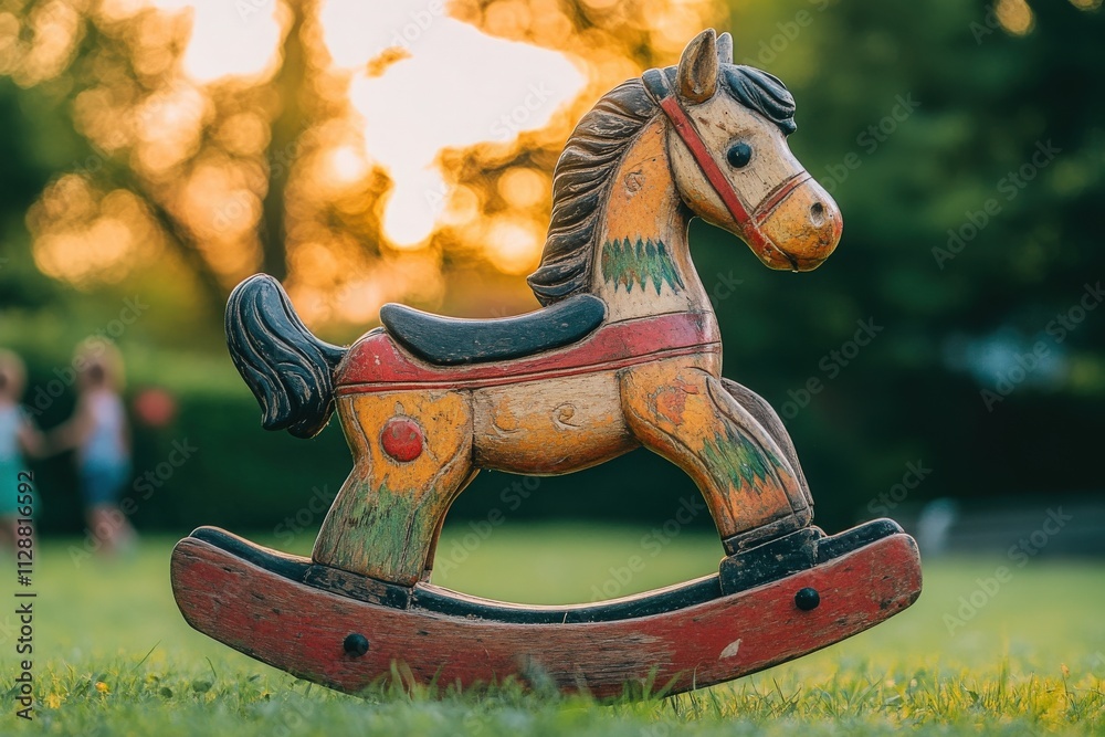 A colorful wooden rocking horse sits prominently on green grass, bathed in the warm glow of the setting sun while children play joyfully in the background, creating a lively atmosphere.