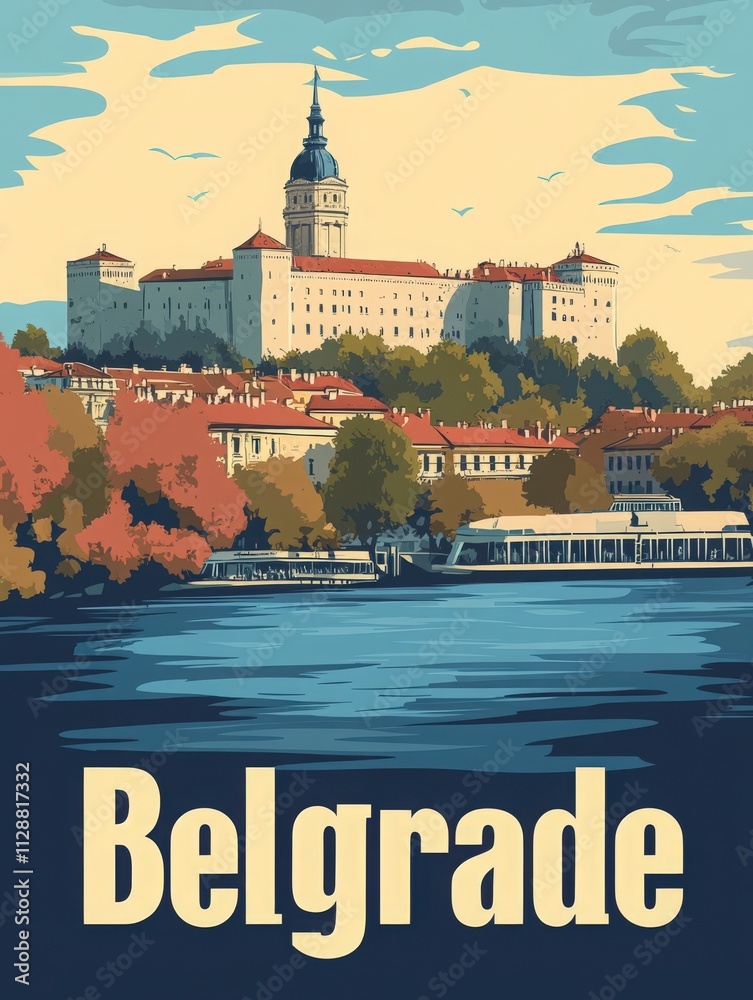 A magnificent fortress overlooks the Sava river in Belgrade, surrounded by trees showcasing vivid autumn hues. Boats float nearby, capturing the essence of this beautiful Serbian city.