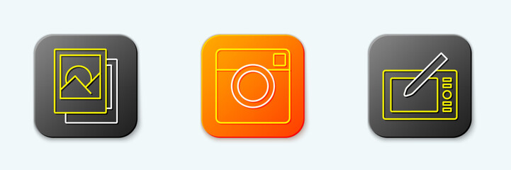 Poster - Set line Photo frame, camera and Graphic tablet icon. Vector
