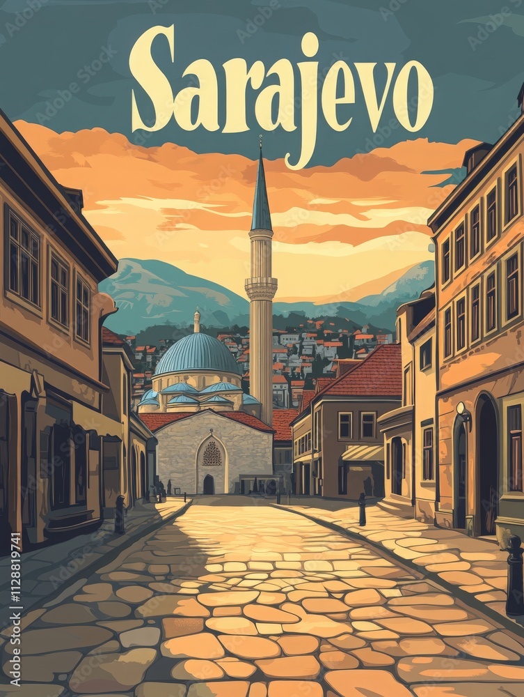 A beautiful street in Sarajevo captures the essence of the city with its historic buildings and a prominent mosque under a vibrant sunset sky. The cobblestone path invites exploration.