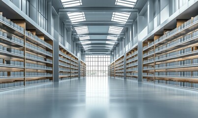 Poster - Modern library interior with tall shelves, bright lighting, and spacious layout. Rows of bookshelves filled with books, large windows allowing natural light.