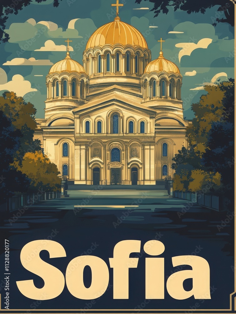 This location features a stunning church with golden domes under a sky painted with clouds at sunset. The vibrant design captures the essence of Sofias rich cultural heritage.