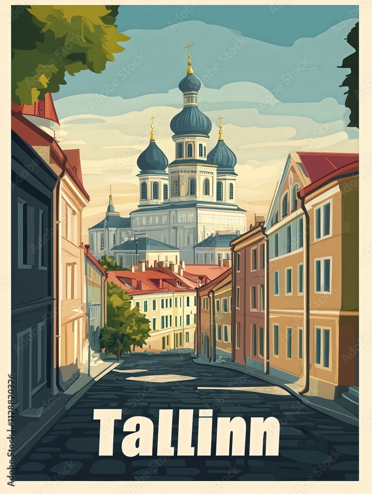 Cobblestone streets wind through historic Tallinn, revealing charming buildings and the stunning cathedral in the distance. The scene captures the essence of this vibrant Estonian city.