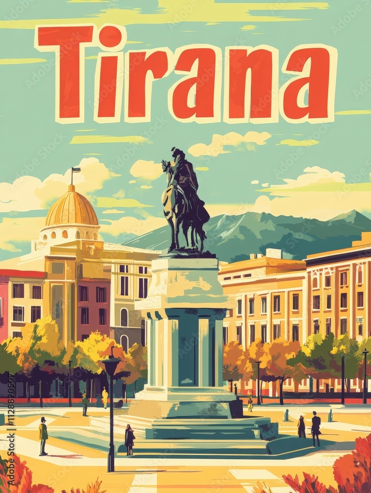 In the heart of Tirana, visitors enjoy the lively plaza featuring a prominent statue, surrounded by colorful buildings and scenic mountains. The scene captures the essence of this bustling city.