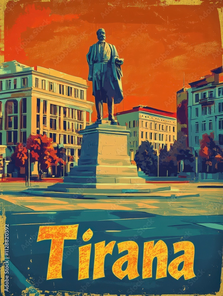 A prominent statue stands in Tirana, showcasing an important figure against a backdrop of modern buildings and orange sky. The lively square is bordered by trees, adding to the urban charm.