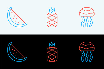 Wall Mural - Set line Jellyfish, Watermelon and Pineapple icon. Vector