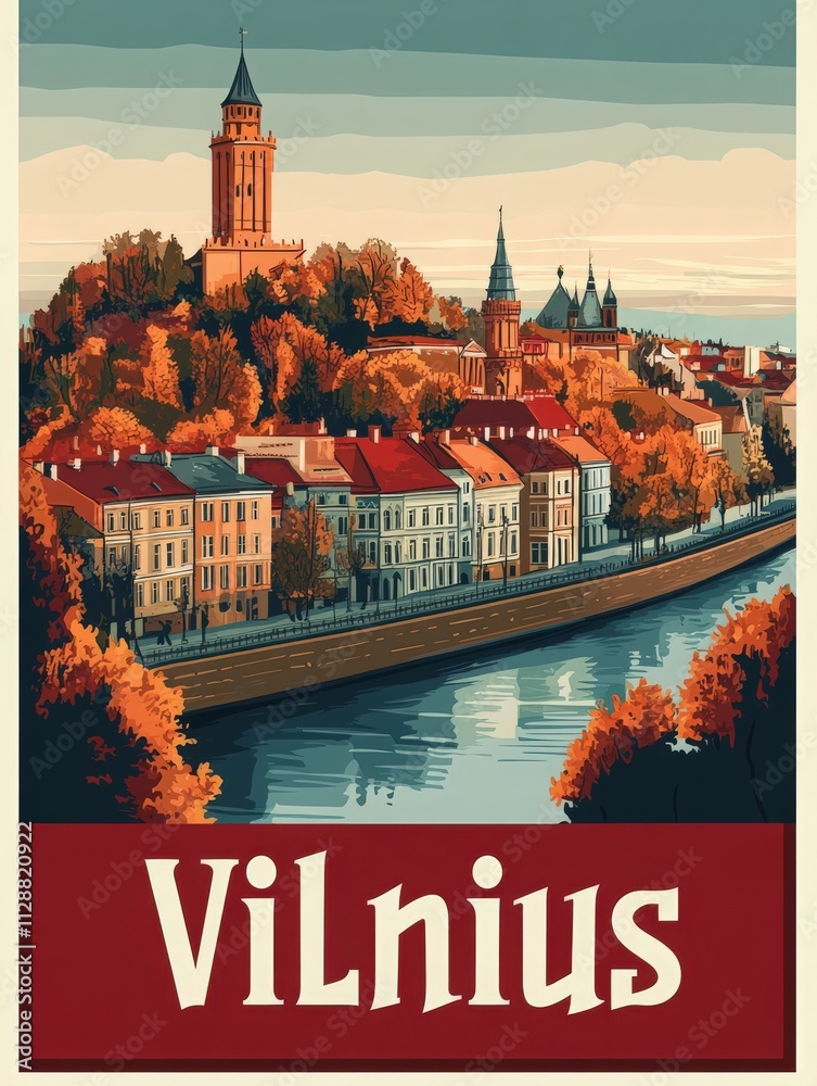 A scenic vista of Vilnius reveals a blend of historic buildings and lush trees adorned in autumn hues. The calm river reflects the vibrant colors as the sun sets over the city.