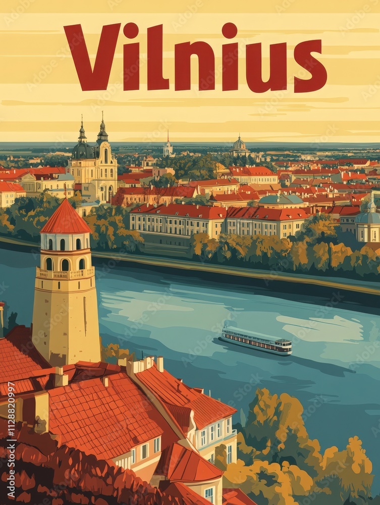 The skyline of Vilnius showcases historic architecture, with a river flowing through the city. A boat traverses the water while scenic rooftops provide a picturesque backdrop.
