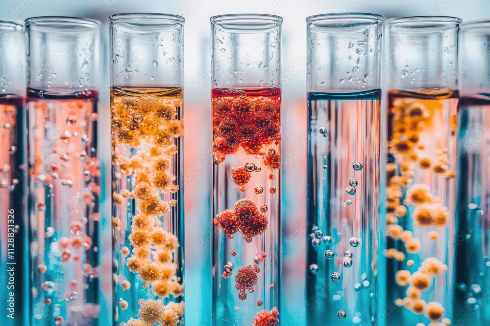 Test tubes filled with vibrant liquids display various colors and bubbles, indicating chemical reactions in a laboratory. The setting reflects a scientific exploration of natural phenomena.