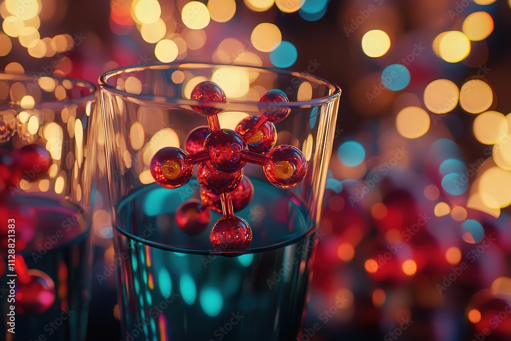 A captivating molecular model in red and yellow colors rests inside a clear glass filled with blue liquid.