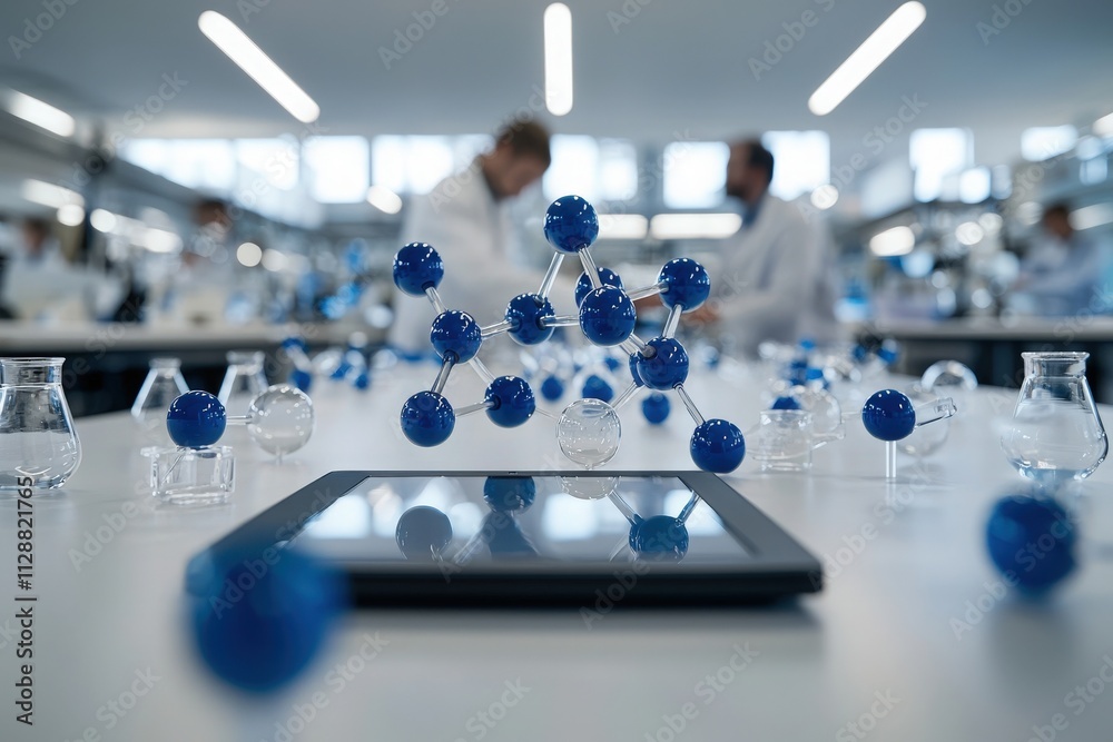 Researchers in white lab coats analyze molecular models in a contemporary lab, surrounded by glassware and digital devices. The room features bright lighting and an innovative atmosphere.
