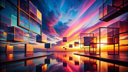 Poster - Chronicles of Dynamic Squares: A Visual Journey through Futuristic Shapes and Dynamic Linescapes in Silhouette Photography with a Symphony of Vibrant Backgrounds
