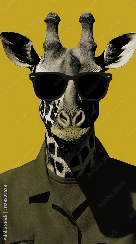 A giraffe is dressed in a fashionable outfit, complete with sunglasses, standing confidently against a bold yellow background. This striking visual blends whimsy and style in a unique way.