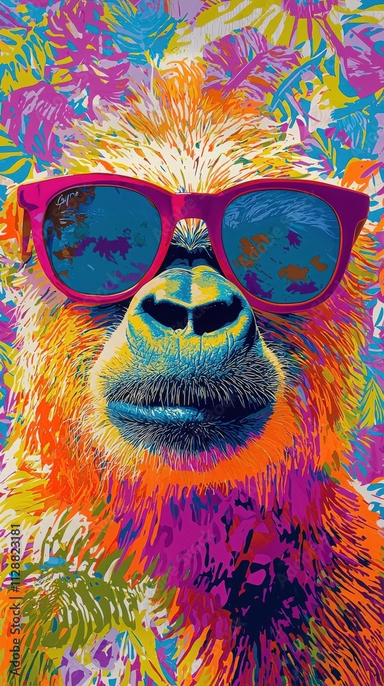 A bear with vibrant colors and sunglasses stands out against a backdrop of tropical foliage. The artwork features bold hues and intricate details, creating a lively atmosphere.
