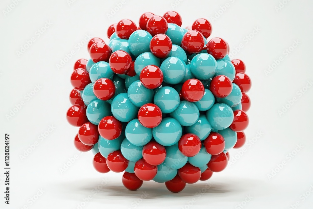 A vivid molecular model featuring layers of blue and red spheres, symbolizing atoms in a three-dimensional arrangement.